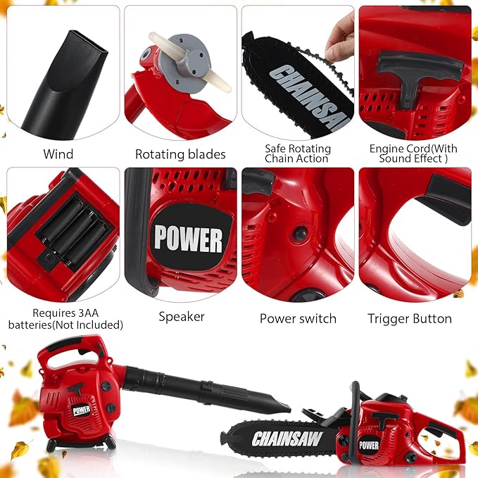 2 Pcs Toy Gardening Tool Set for Kids Leaf Blower, Toy Chainsaw Battery Powered Gardening Tool Set with Lights and Sounds Gift for Boys Girls