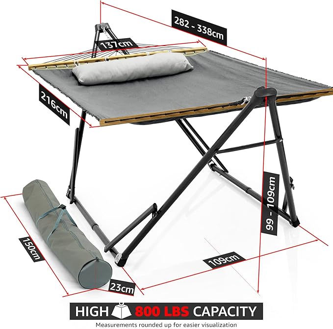 Tranquillo Unity Hammocks, Spacious and Comfortable Hammock Stand for 2, 800 lbs Capacity Steel Frame, Pre-Assembled with 30-Second Tool-Free Setup, No Screws Needed, Ideal for Indoor & Outdoor, Grey