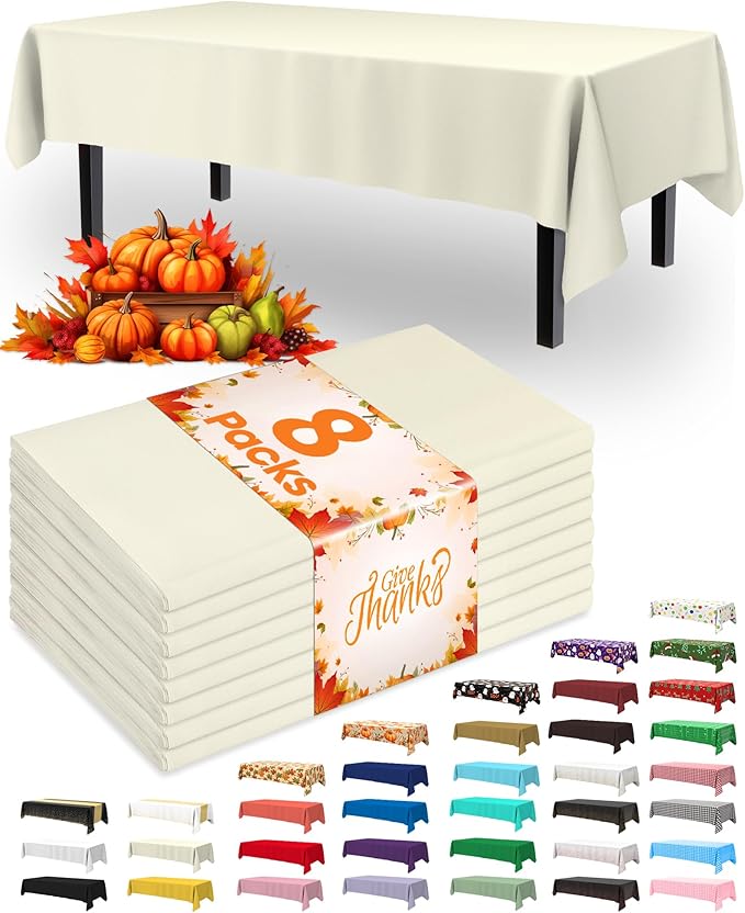 Pureegg Plastic Table Cloth Disposable 8 Pack, 54 x 108 Inch Table Cloths, Party, Wedding, Thanksgiving Decorations, Fall Tablecloths, Rectangle, Beige Plastic Cover, Leakproof & Sturdy, Cream, Ivory