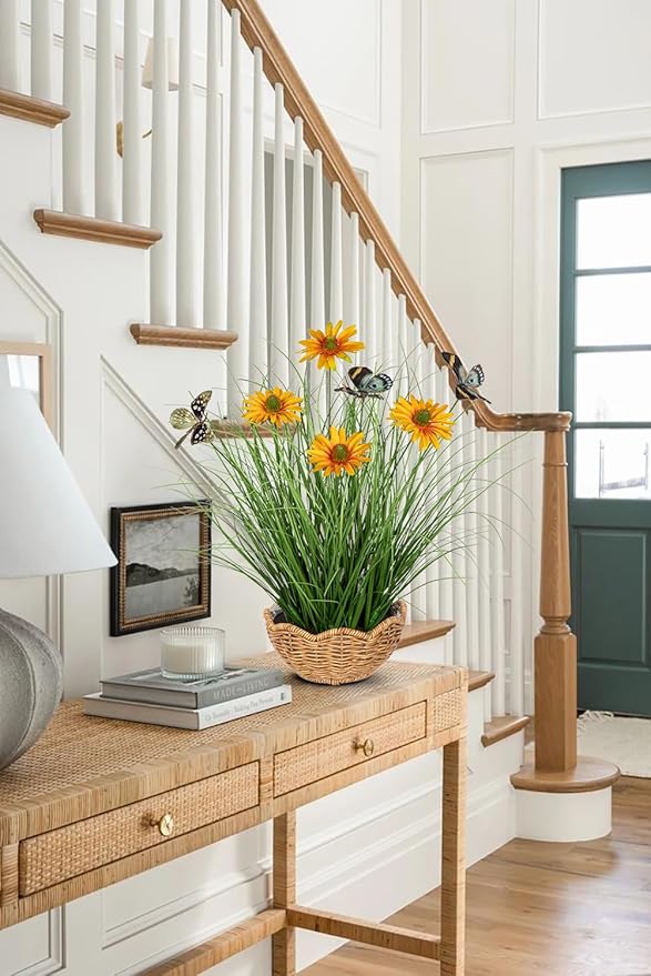 Artificial Plants Indoor with Pot, 17.3" Fake Potted Plants Artificial Onion Grass Plant with Yellow Daisies Flowers and Butterflies Small Faux Plant Indoor for Home Living Room Table Shelf Decor