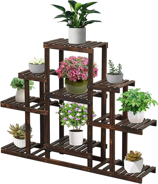 COSTWAY 6-Tier Multifunctional Wood Flower Stand, Shelf Holder for Multiple Plants, Freestanding Plant Rack for Garden, Patio, Balcony, Living Room, Indoor, Outdoor