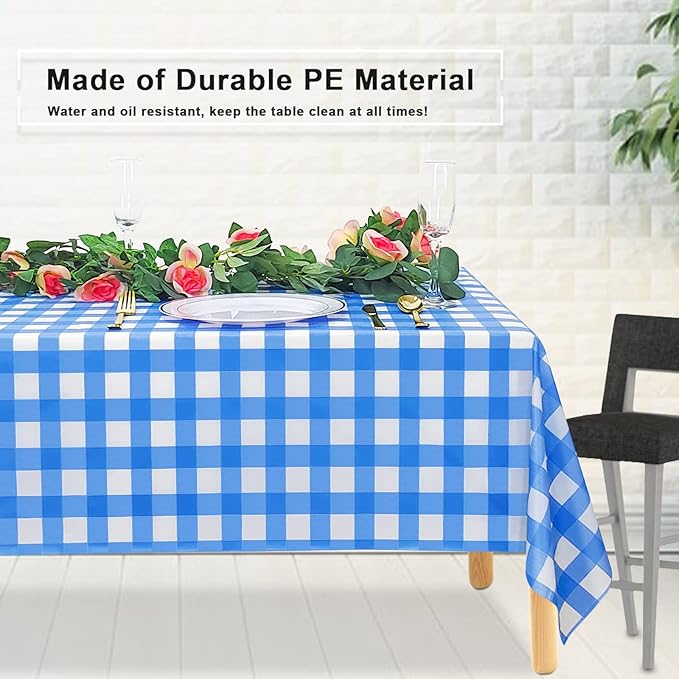 6 Pack Navy Blue and White Checkered Tablecloth, Dark Blue Plastic Table Cloths for Parties Disposable, 54 x 108 inch Waterproof Blue Gingham Camping Tablecloth for Birthday, Party, Picnic
