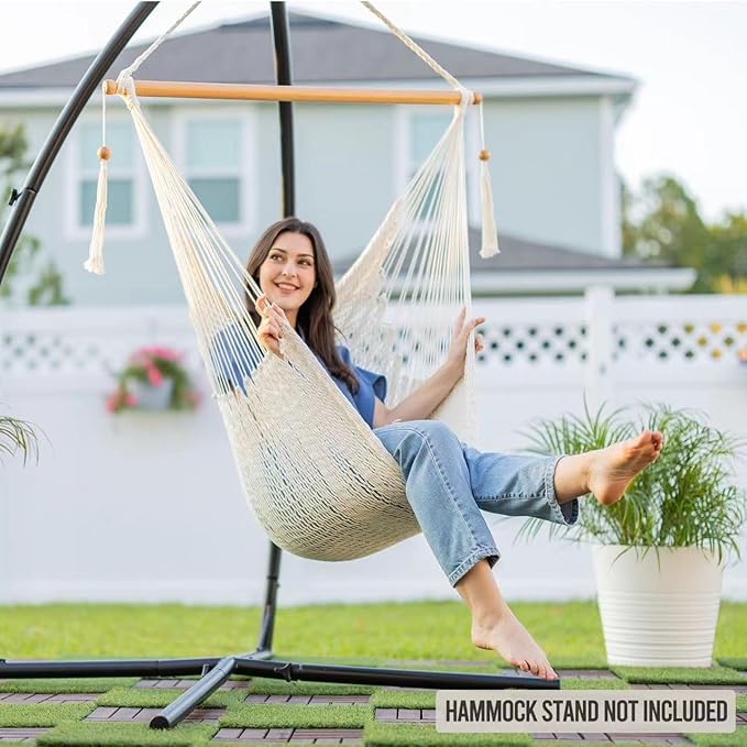 JoyView Hammock Chair with Spreader Bar Caribbean Hammock Swing Chair 300 LBS Weight Capacity XL Rope Hanging Chair for Outdoor Indoor Garden Yard - Brown