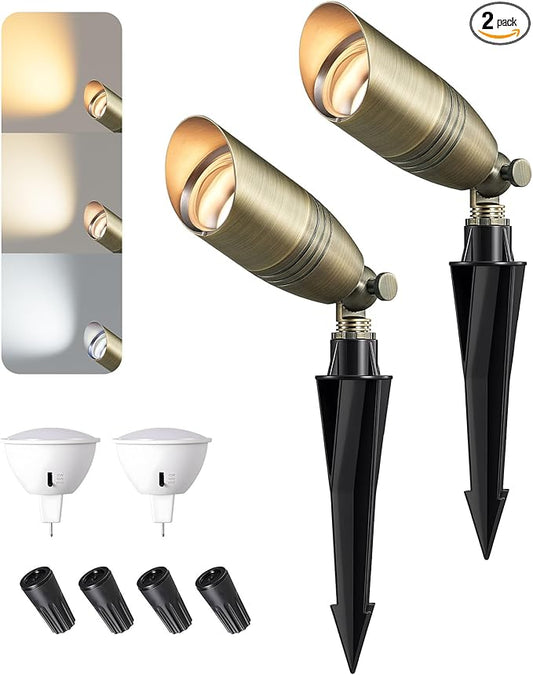 EDISHINE Solid Brass Outdoor Landscape Spotlights, 3CCT MR16 Bulb Included, 12V LED Low Voltage Landscape Lighting, Bronze Heavy Duty Waterproof Spot Lights for Yard Garden Lawn Tree, 2 Pack