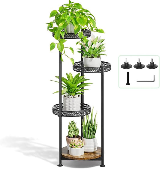4 Tier Plant Stand Indoor Outdoor, Metal Flower Pot Shelf Holder Clearance, Tall Corner Rack for Multiple Plants, Modern Organizer Display for Patio Orchid Office Porch Living Room Garden, Black