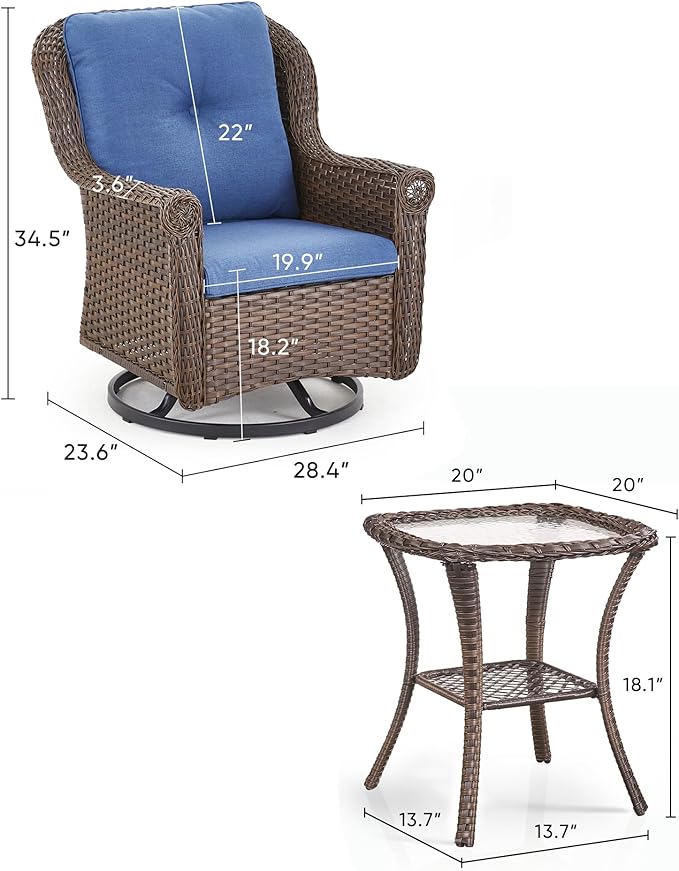 3 Piece Patio Swivel Chairs and Side Table Set - High Back Outdoor Brown Wicker Rattan Rocking Glider with Thick Cushions for Porch Apartment Deck Yard Poolside Garden - Navy Blue