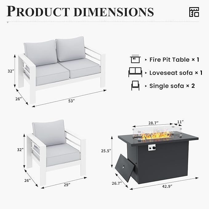 Patio Furniture Set with Fire Pit Table, Aluminum Patio Furniture Set,White Outdoor Metal Sectional Sofa with Aluminum Fire Pit Table for Garden Backyard (Include Waterproof Cover)