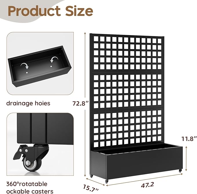 Metal Raised Garden Bed with Trellis & Wheels,70" x 47"x 15.7" Planter Box with Trellis,Privacy Planters for Patio,Garden Bed for Climbing Plants,Suitable for Climbing Plants and Vegetables,Black