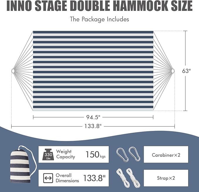 INNO STAGE Double Hammock - 2 Persons Portable Hanging Camping Bed, Blue, 118.3"L x 63"W, 350Lbs Capacity, Polyester, Supports Up to 350 lbs
