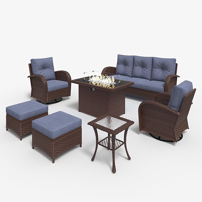LayinSun 7 Pieces Outdoor Patio Furniture Set with Fire Pit Table, Rattan Wicker Sectional Swivel Rocker Chairs Sets