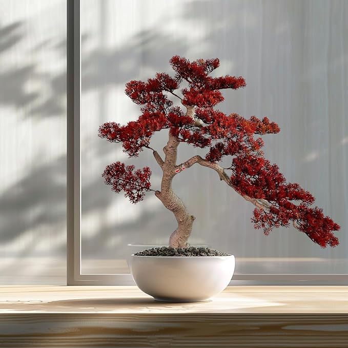 3ft（43in） Artificial Bonsai Tree Juniper Faux Plants Indoor Big Fake Plants Decor with Ceramic Pots for Home Table Office Desk Bathroom Shelf Bedroom Living Room Farmhouse Decorations (Red)