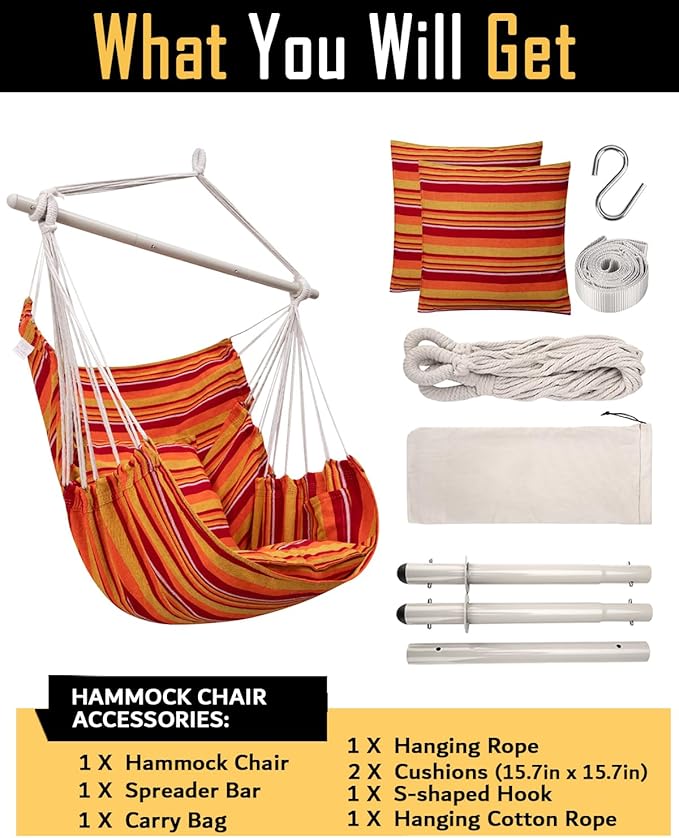 ADVOKAIR Hammock Chair Hanging Chair Swing Large Indoor with Anti-Slip Steel Spread Bar and Pocket-Max 500lbs-2 Cushions, Perfect for Bedroom,Outdoor,Patio, Porch,Backyard…