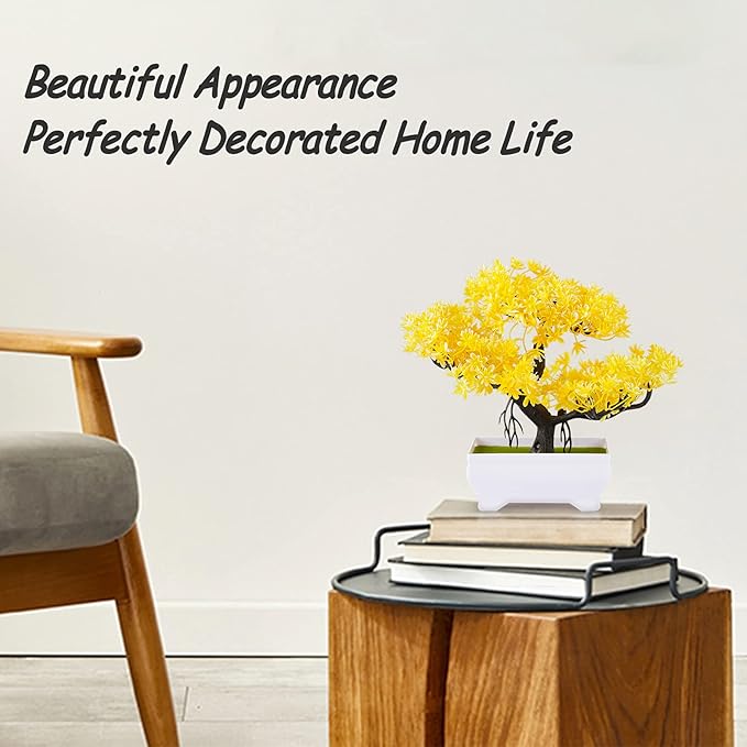 Mini Artificial Bonsai Tree Plants with Plastic Cement Pots for Home Office Décor (Yellow)