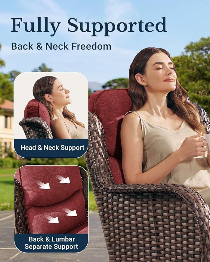 HILLGA Luxury Patio Furniture Set with 6-inch Thick Cushion, Outdoor Couch, Loveseat and High Back Swivel Rocker Patio Chairs, 7PCS Wicker Conversation Set for Deck Yard and Poolside, Burgundy (V2)