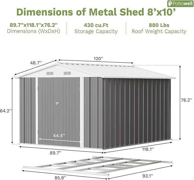 Patiowell 8x10 FT Outdoor Storage Shed with Floor Frame, Large Garden Tool Metal Shed with Sloping Roof and Double Lockable Door, Outdoor Shed for Backyard Garden Patio Lawn,Grey