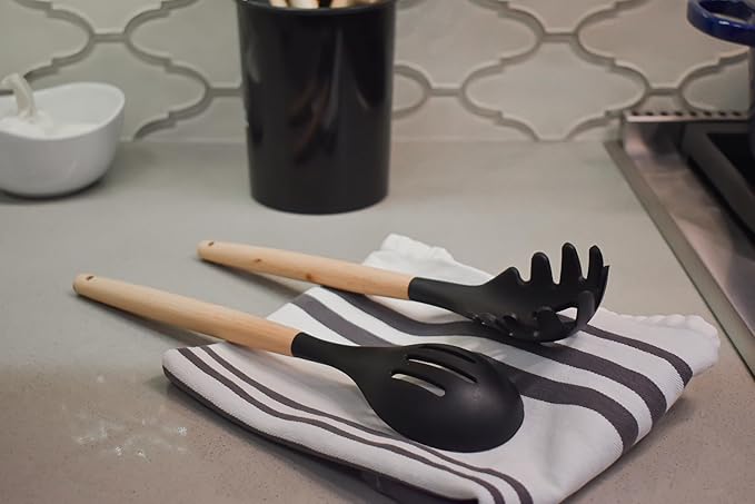 Kitchen Utensils Cookware Set, 12-piece BPA free Silicone with Wood Handle and Storage Container