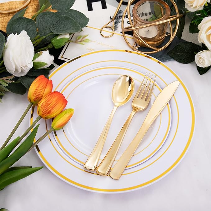 WELLIFE 96 Pcs Gold Plastic Dinnerware Set, Disposable Silverware and Cups, Gold Dinnerware Set, Includes: 16 Dinner Plates 10.25", 16 Dessert Plates 7.5", 16 Cutlery for Party