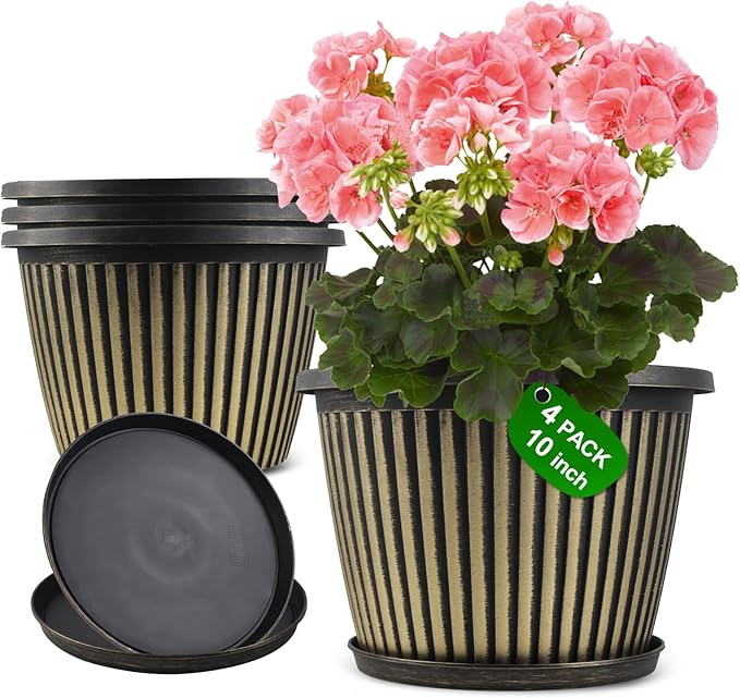 Planter-Pots-for-Plants-Indoor-Outdoor, 3 Pack 10 Inch Plastic Flower Pots with Saucer & Drainage Holes, Modern Garden Planters for Planting Medium Large Plants，Decorative Resin Garden Pots