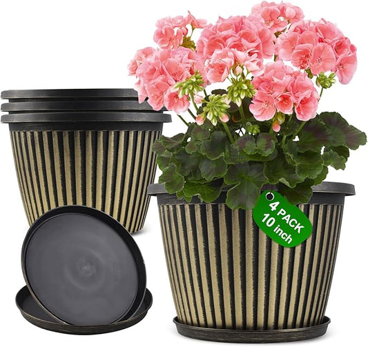 Planter-Pots-for-Plants-Indoor-Outdoor, 3 Pack 10 Inch Plastic Flower Pots with Saucer & Drainage Holes, Modern Garden Planters for Planting Medium Large Plants，Decorative Resin Garden Pots
