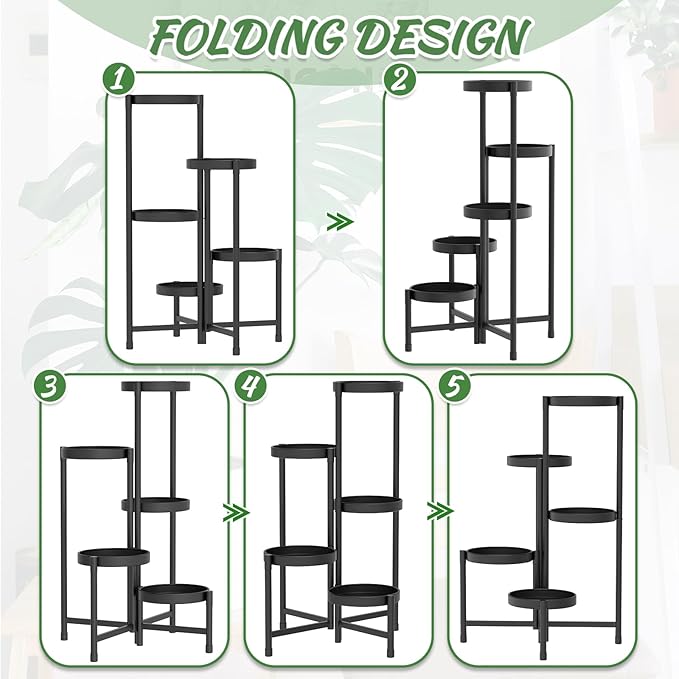 iDavosic.ly Plant Stand with Garden Tools, 5 Tier Corner Metal Flower Display Holder Shelf Indoor Outdoor, Folding Tall Orchid Rack for Patio Balcony Porch Living Room House, Black