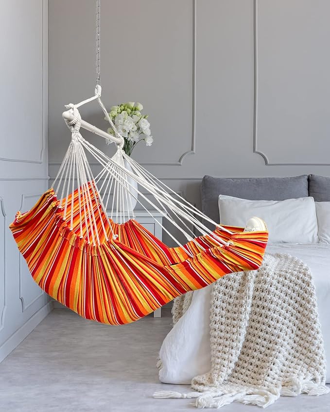 Miztli Hammock Chair Hanging Chair Swing for Bedroom with Foot Rest, Max 500 Lbs, Steel Spreader Bar with Anti-Slip Rings-2 Cushions Included-Indoor and Outdoor