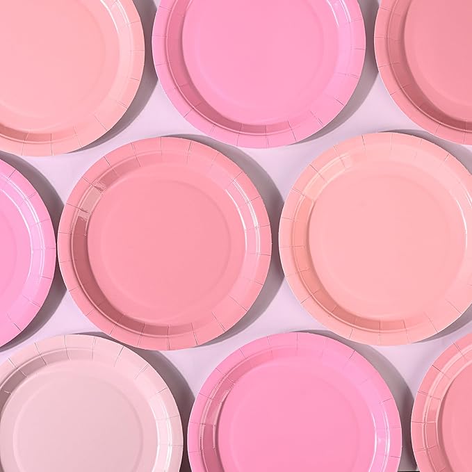 Pink Paper Plates Gradient Pink Party Plates 7” Disposable Round Dessert Plates for Birthday Wedding Bridal Engagement Baby Shower Party Supplies 4 Colors (48)