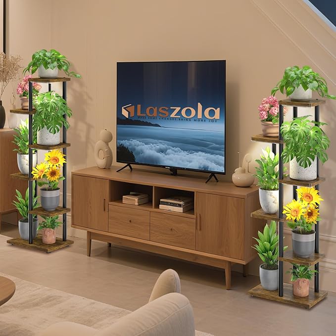 LASZOLA Black 5 Tier Wood Tall Plant Stand Indoor with Grow Lights, Large Heavy Duty Vertical Corner Rack for Multiple Planter, Sturdy Metal Rustic High Flower Shelf Holder Organizer for House Patio