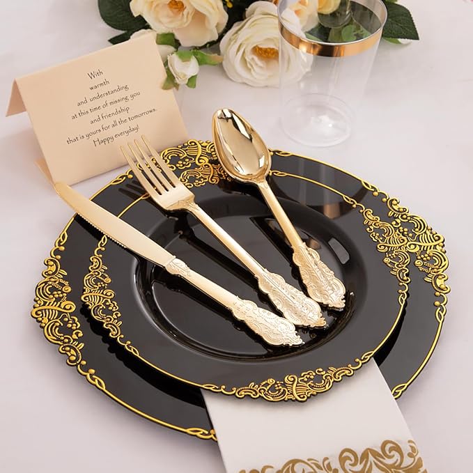 Hioasis 350pcs Black and Gold Plastic Plates - Diposable Dinnerware Set Suitable for 50 Guests Include 10.25" Dinner & 7.5" Dessert Plates, Pre Rolled Silverware Set, Cups for Party & Halloween