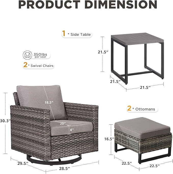 Patio Furniture Set with Swivel Chairs-5 Piece Outdoor Swivel Rocker Patio Chairs with Ottomans Rattan Side Table, Comfy Cushion Outdoor Furniture Set for Porch Deck Garden Backyard(Grey/Grey)
