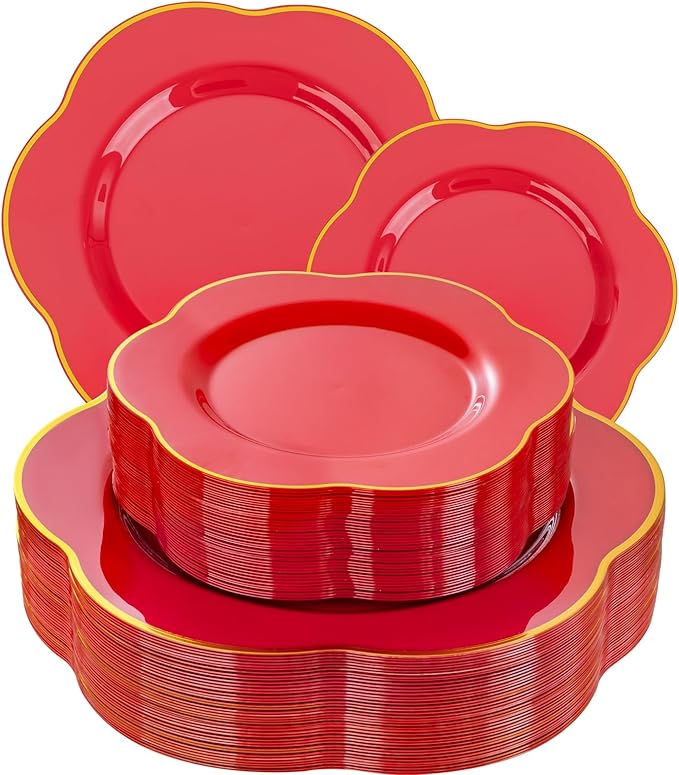 Liacere 50PCS Red Plastic Plates - Heavy Duty Disposable Plate-Red and Gold Include 25PCS Dinner Plate, 25PCS Dessert Plates for Halloween＆Thanksgiving＆Christmas