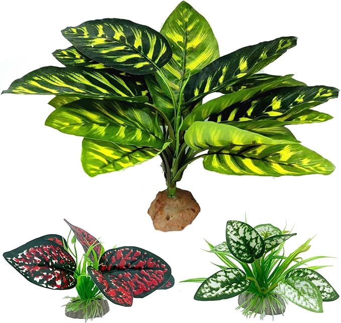 Reptile Artificial Plants, Terrarium Plants Decorations Supplies, Aquarium Fish Tank Plant, Amphibian Habitat Hideout Tank Accessories(L Set-3pcs/B)