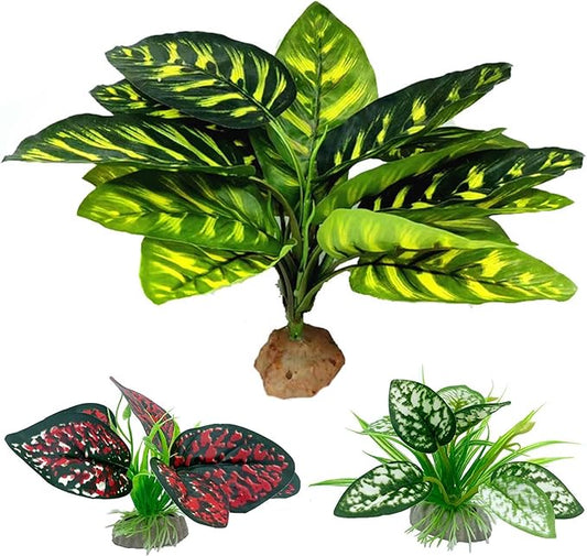 Reptile Artificial Plants, Terrarium Plants Decorations Supplies, Aquarium Fish Tank Plant, Amphibian Habitat Hideout Tank Accessories(L Set-3pcs/B)