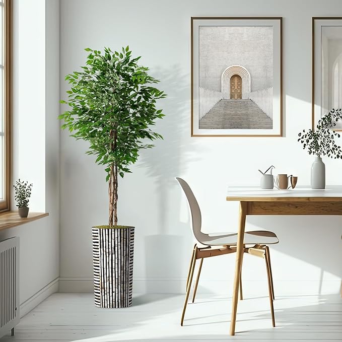 Artificial Tree in Black and Brown Striped Planter, Fake Ficus Silk Tree for Indoor and Outdoor Home Decoration - 75" Overall Tall (Plant Pot Plus Tree)