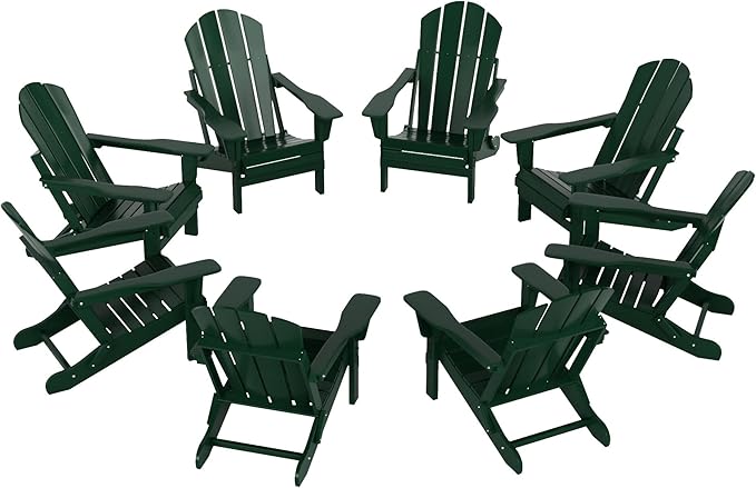 Westin Outdoors Laguna WO Outdoor Adirondack Folding Patio Chairs 8 PCS Set Retro Beach Aesthetic for Backyard, Lawn, Patio, Deck, Garden, Weather Resistant Polyethylene Plastic Lounger (Dark Green)