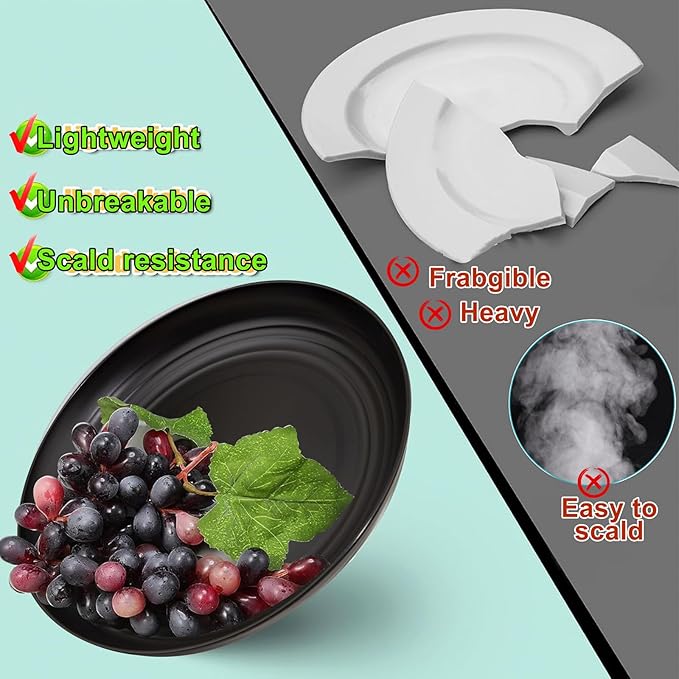 LIYH 48 Pcs Black Wheat Straw Plates and Bowls Dinnerware Set Camping Dish Set for 12,Plastic Plates and Bowls,Dishwasher Safe Dinnerware Set,Unbreakable Plastic Camper Dish Sets