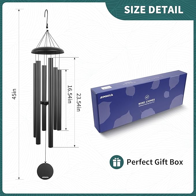 Wind Chimes for Outside Memorial – 45“ Large Outdoor Sympathy Windchime Tuned to C, Deep Tone, Gift for Mom Dad, Garden Decor with Blessing Card, Black