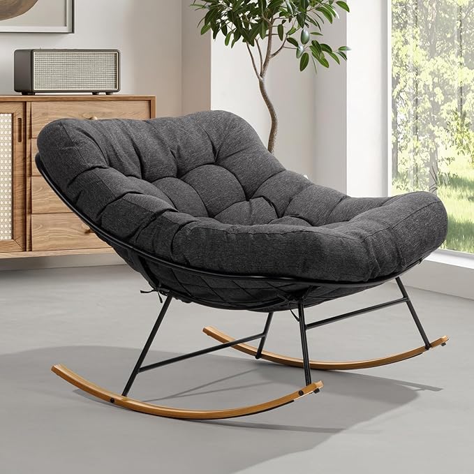 Bme Patio Rocking Chair Outdoor & Indoor, Metal Patio Lounge Rocking Chair with Thick Cushion, Comfy Modern Rocker Chair for Living Room, Porch, Backyard, Grey Cushion - Wood Texture Rocker