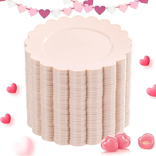SUT 72-Count Pink Plastic Plates Disposable 7.5 Inch - Scalloped Edge Dessert Plates for Valentine’s Day, Parties, Birthdays, Weddings | Lightweight & Durable Disposable Dinnerware (72 Pack)