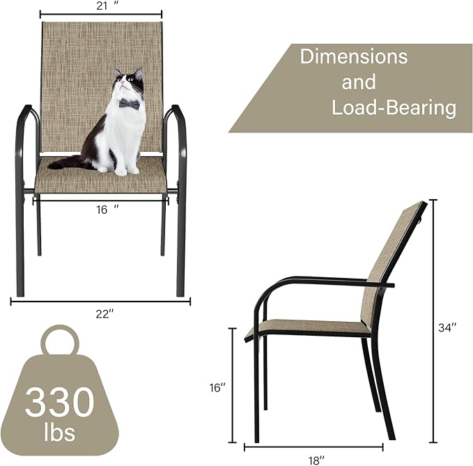 AECOJOY Patio Dining Chairs Set for 4, Stackable Textilene Patio Chairs with Armrests and Metal Frame, Outdoor Furniture Set for All Weather, Backyare, Deck and Garden, Brown