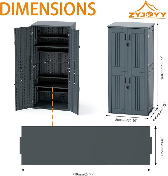 30 Cubic Ft. Vertical Resin Outdoor Storage Shed with Lockable Double Doors,Tall Storage Cabinet with 4 Shelves, Weather-Resistant Multi-Wall Panels,Storage Shed for Patio, Garden, Yard, Grey