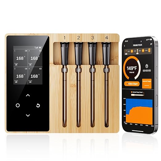 4 Probes Wireless Meat Thermometer, Bluetooth Digital Food Thermometer for BBQ, Grill, Oven, Smoker, Long Range and Rechargeable Base with Real-time Alerts, Cooking Gifts for Men