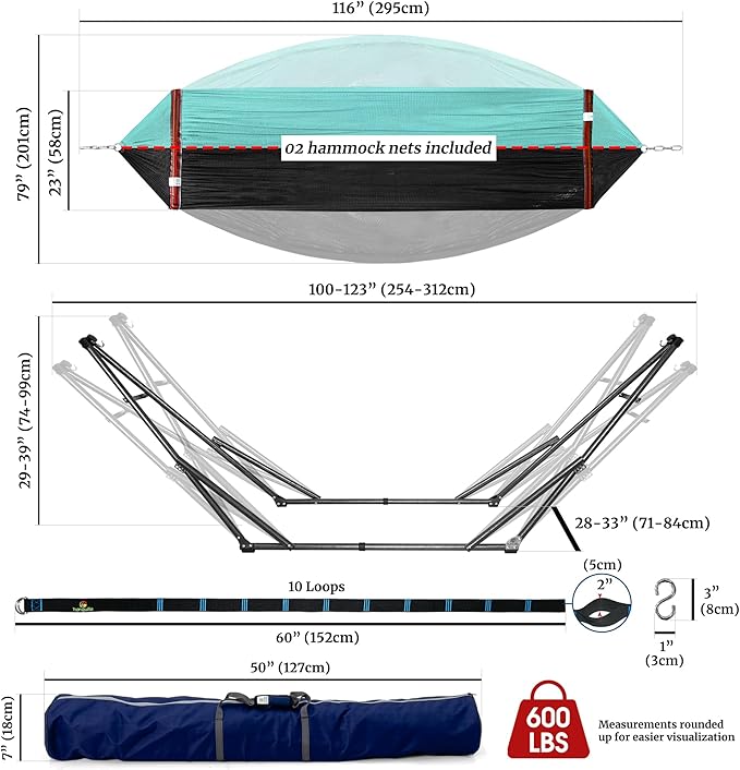 Tranquillo Combo x2 Hammocks with Stand for Outside & Tree Straps, Heavy Duty Hammock with Stand 600lbs for Indoor Outdoor Patio Backyard, x2 Hammocks for 2 Person, Portable Carrying Bags, Sky
