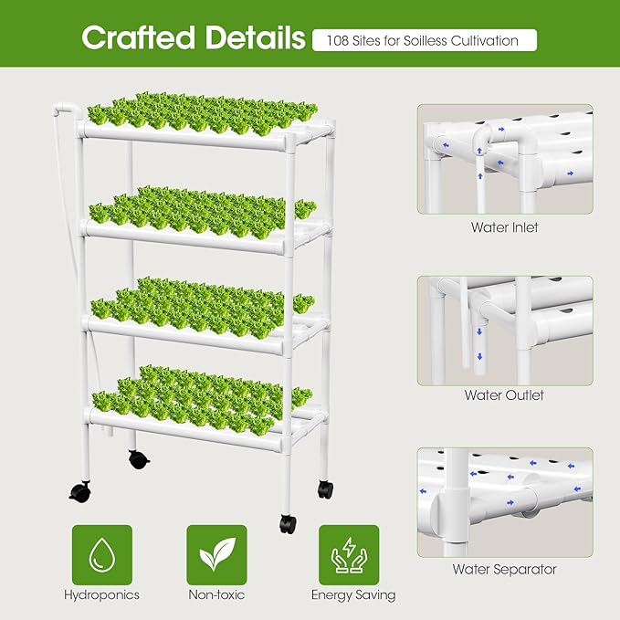 Hydroponic Growing White, 108 Planting Holes, Water Circulation System, Indoor Outdoor Garden Kit with Timer & Pump (34"x62"x15" in 108 Holes)
