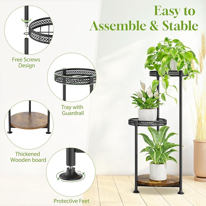 Plant Stand Indoor Outdoor Clearance, 3 Tier Metal Flower Shelf Pot Holder, Tall Multiple Plants Corner Rack Narrow House Orchid Display Organizer for Patio Office Porch Living Room Garden, Black