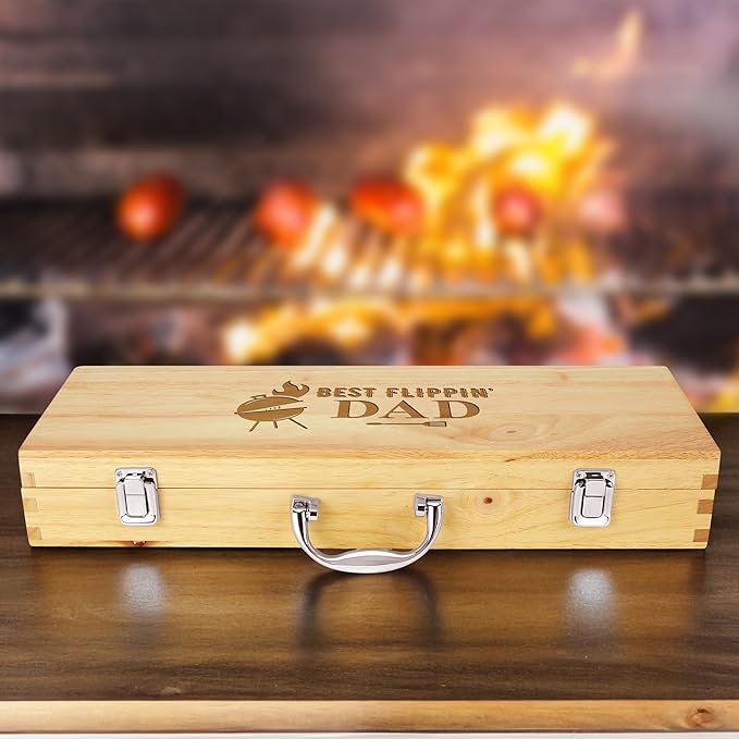 11-Piece BBQ Grilling Set with Engraved Maple Wood Box, Stainless Steel Tools with Wooden Handles, Ideal Gift for Dad on Birthday, Father’s Day - Best Flipping Dad