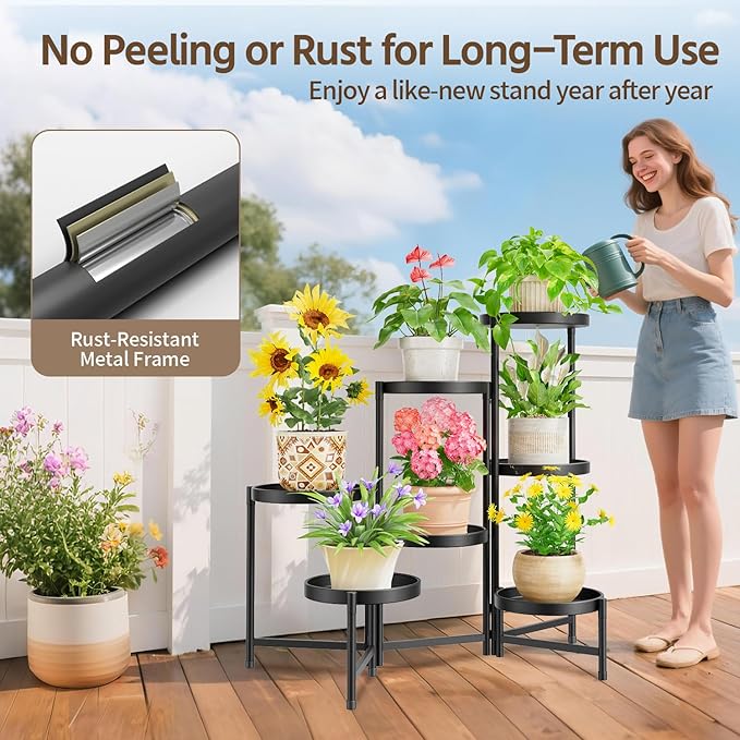 LASZOLA 7 Tiered Folding Plant Stand Indoor for Multiple Large Planter, Tall Heavy Duty Adjustable Rack with Rust Proof 10 Inch Wide Tray, Sturdy Vertical Tree Organizer for Narrow Inside Floor, Black