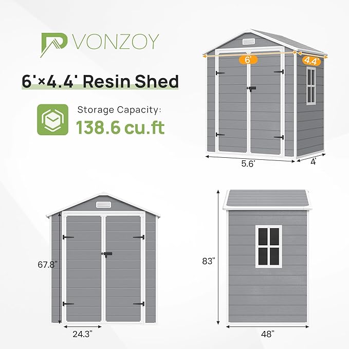 Outdoor Storage Sheds with Floor, 6x4.5 FT Resin Garden Shed with Lockable Door, Window, Waterproof, Plastic Tool Storage for Bike, Garbage Can, Grey White