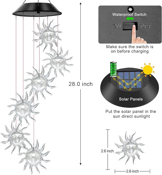 Solar Wind Chimes Outdoor Color Changing Lights, Gift for Women Mom Grandma Sister Best Gifts, Wind Chimes Unique Outdoor Garden Yard Decor (Sunflower)