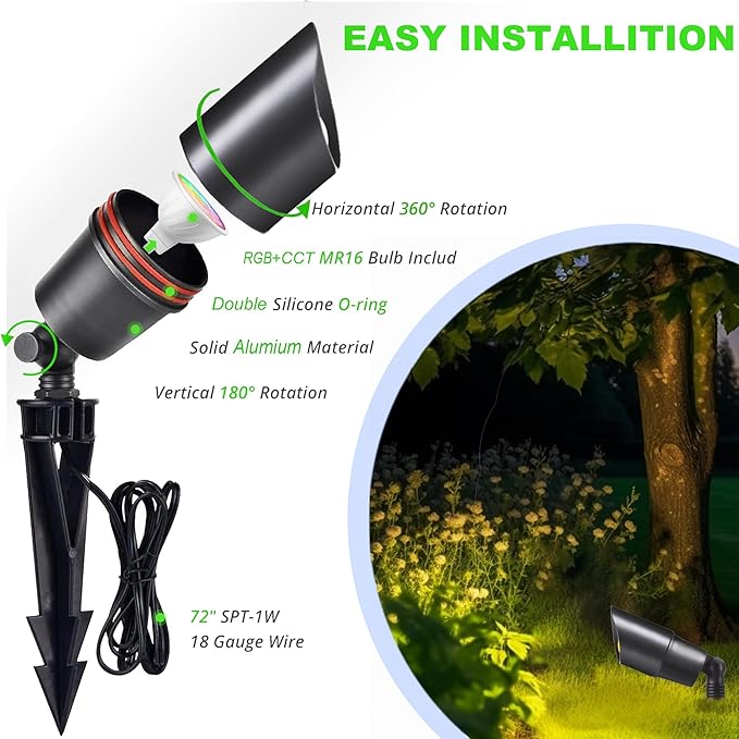 RGB+CCT Low Voltage Outdoor Landscape Lighting with Color Changing,IP65 Waterproof Uplights for Garden and Yard,12V Low Voltage Spotlights,Heavy Duty Accent Fixtures,Remote/APP Control