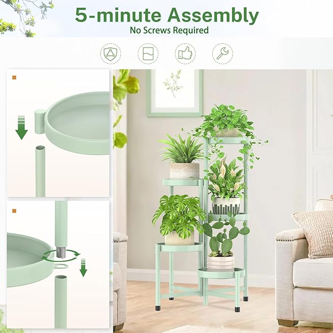 iDavosic.ly Plant Stand Indoor Outdoor, 5 Tier Corner Metal Flower Display Holder Shelf, Folding Tall Orchid Rack for Patio Balcony Porch Garden Living Room House, Light Green